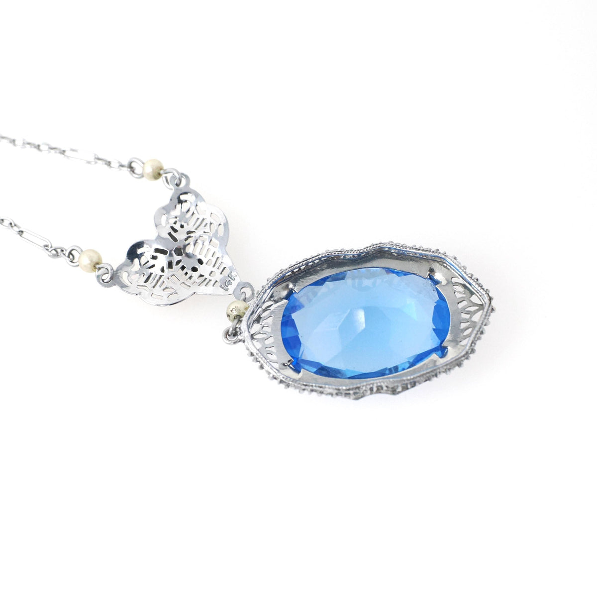 Art Deco Lavalier Necklace - Vintage 14k White Gold Simulated Blue Sapphire - Circa 1930s Era Blue Glass Tri Color Fine Fashion 30s Jewelry