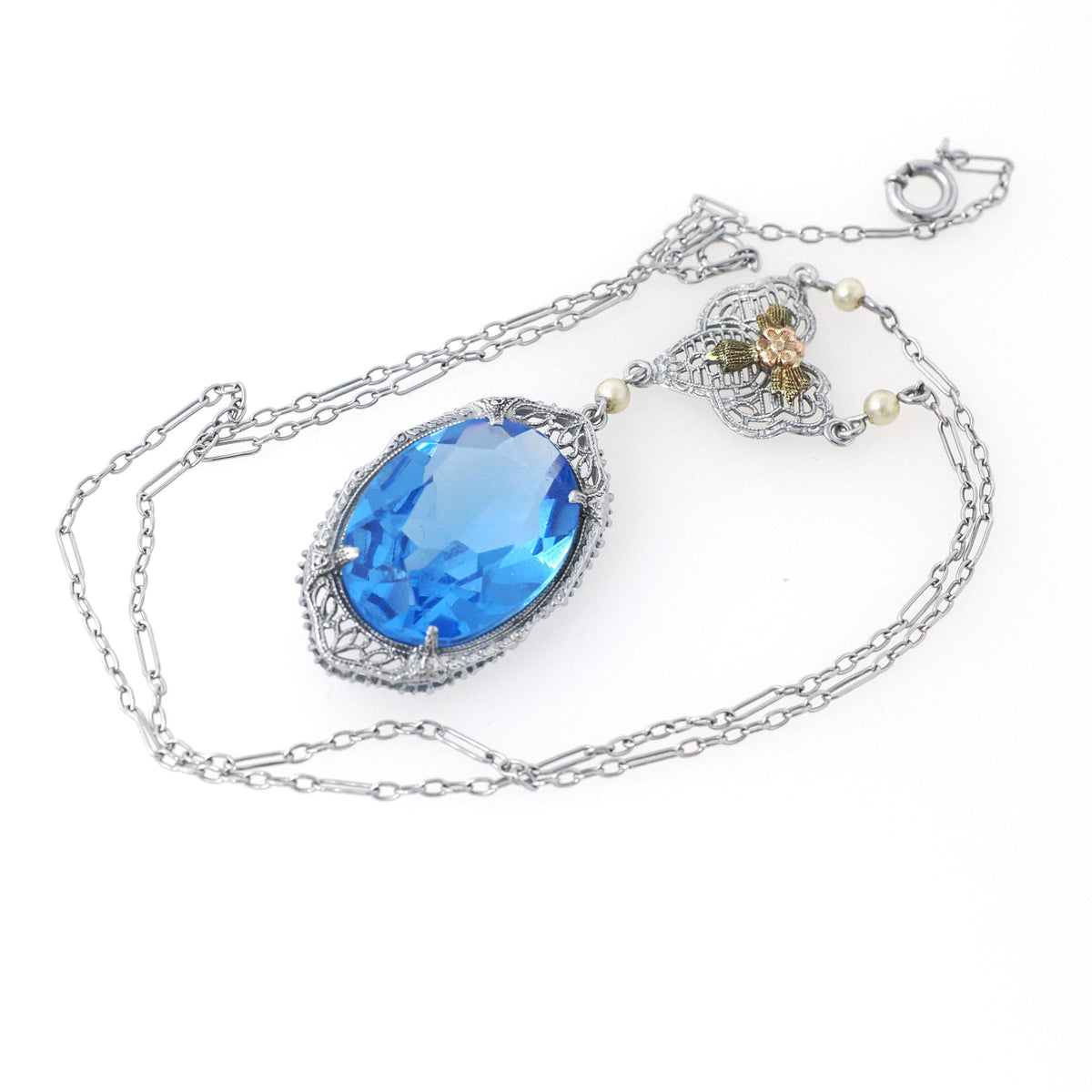 Art Deco Lavalier Necklace - Vintage 14k White Gold Simulated Blue Sapphire - Circa 1930s Era Blue Glass Tri Color Fine Fashion 30s Jewelry