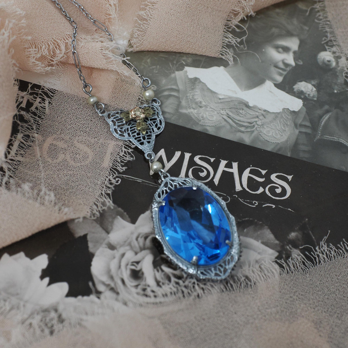 Art Deco Lavalier Necklace - Vintage 14k White Gold Simulated Blue Sapphire - Circa 1930s Era Blue Glass Tri Color Fine Fashion 30s Jewelry