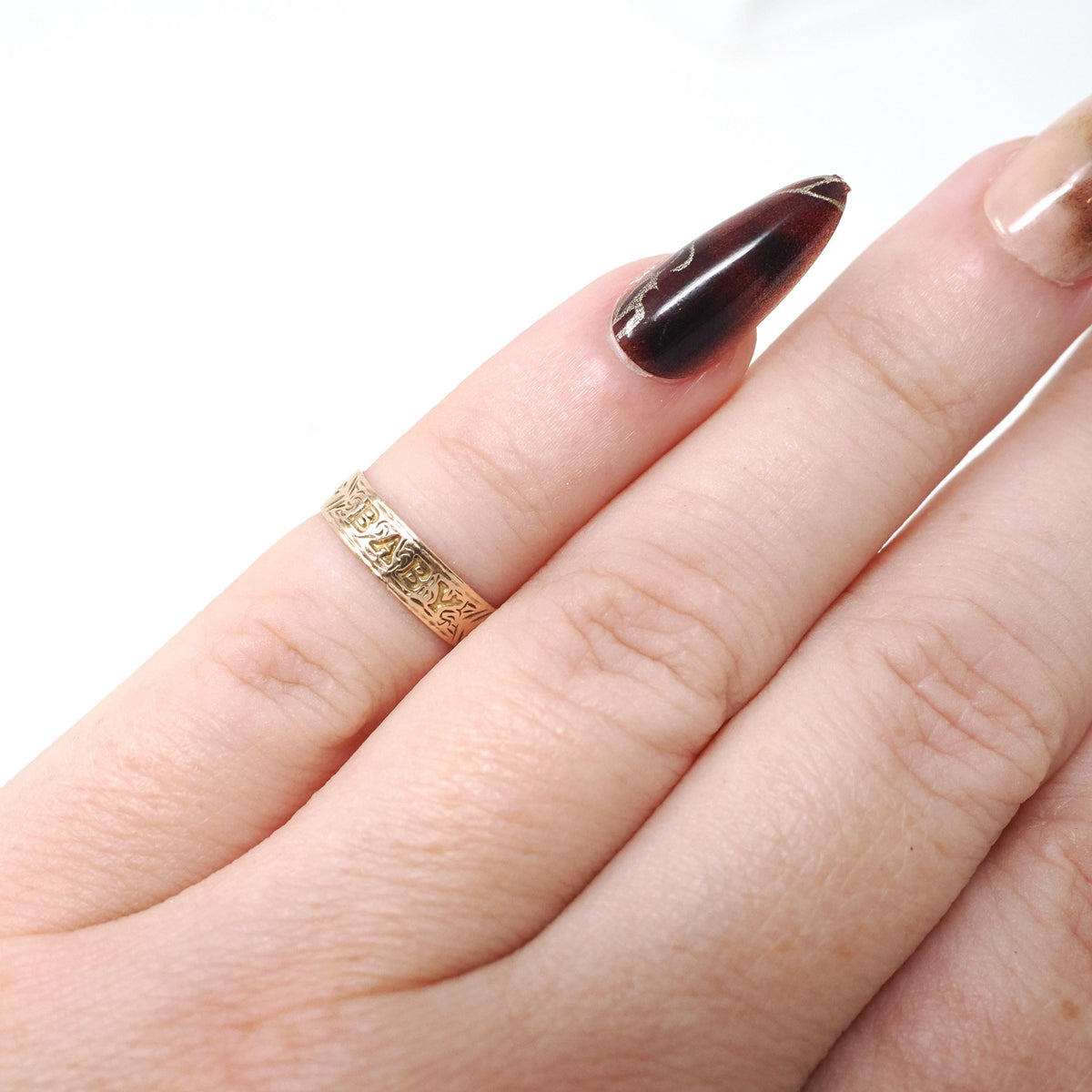 Antique Baby Band - Victorian 10k Yellow Gold Engraved Pinky Midi Ring - Circa 1890s Era Size 1/2 Fine Children's Statement Jewelry
