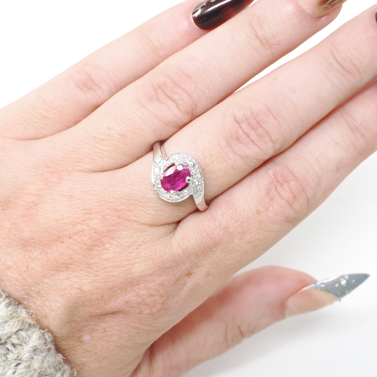 Ruby Halo Ring - Mid Century 14k White Gold Natural Diamond Bypass Engagement - Circa 1950s Era Size 6 1/4 July Birthstone Fine Jewelry