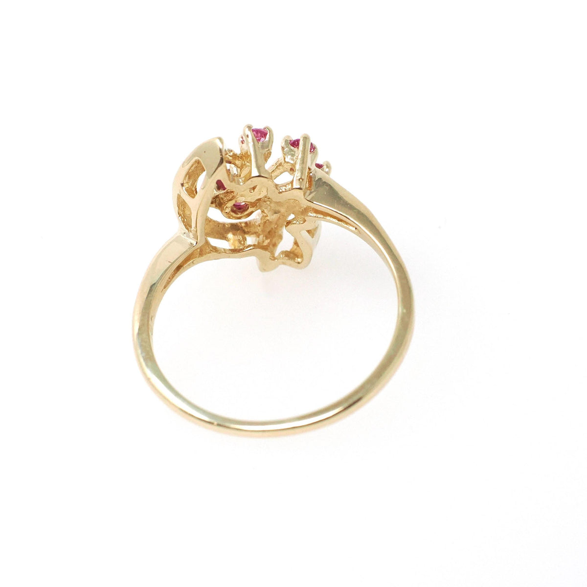 Vintage Bypass Ring - Retro 18k Yellow Gold Created Ruby & Pink Sapphire Spray - Circa 1980s Size 7 1/4 Alternative Engagement Fine Jewelry
