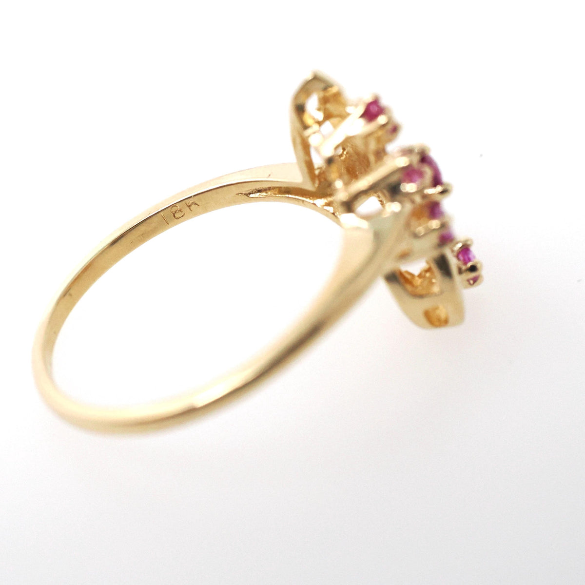 Vintage Bypass Ring - Retro 18k Yellow Gold Created Ruby & Pink Sapphire Spray - Circa 1980s Size 7 1/4 Alternative Engagement Fine Jewelry