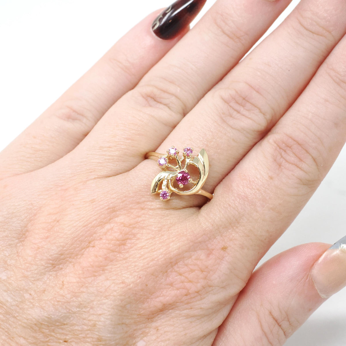 Vintage Bypass Ring - Retro 18k Yellow Gold Created Ruby & Pink Sapphire Spray - Circa 1980s Size 7 1/4 Alternative Engagement Fine Jewelry