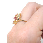 Vintage Bypass Ring - Retro 18k Yellow Gold Created Ruby & Pink Sapphire Spray - Circa 1980s Size 7 1/4 Alternative Engagement Fine Jewelry