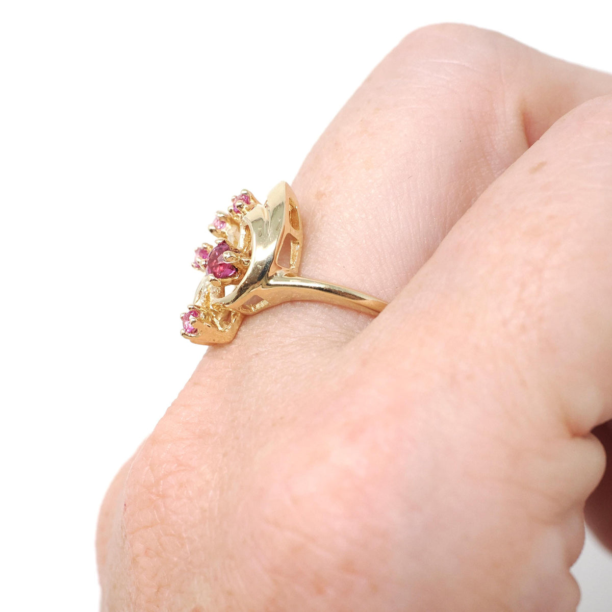 Vintage Bypass Ring - Retro 18k Yellow Gold Created Ruby & Pink Sapphire Spray - Circa 1980s Size 7 1/4 Alternative Engagement Fine Jewelry