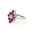 Ruby & Diamond Ring - 14k White Gold Natural Red Corundum Cluster Halo - Circa 2000s Size 5 1/4 Kite Navette Fine July Birthstone Jewelry