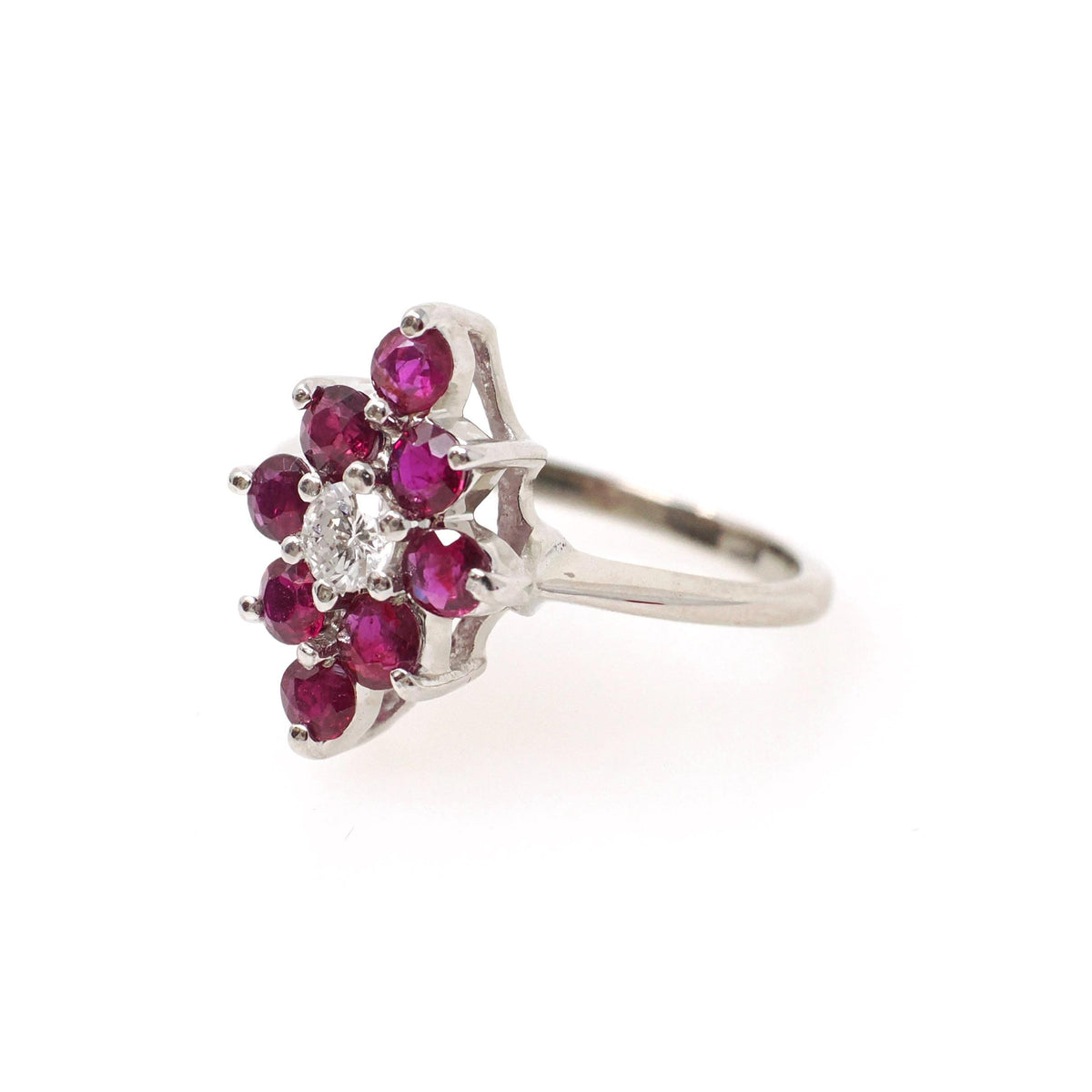 Ruby & Diamond Ring - 14k White Gold Natural Red Corundum Cluster Halo - Circa 2000s Size 5 1/4 Kite Navette Fine July Birthstone Jewelry