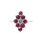Ruby & Diamond Ring - 14k White Gold Natural Red Corundum Cluster Halo - Circa 2000s Size 5 1/4 Kite Navette Fine July Birthstone Jewelry