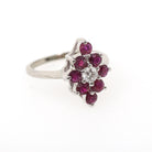 Ruby & Diamond Ring - 14k White Gold Natural Red Corundum Cluster Halo - Circa 2000s Size 5 1/4 Kite Navette Fine July Birthstone Jewelry
