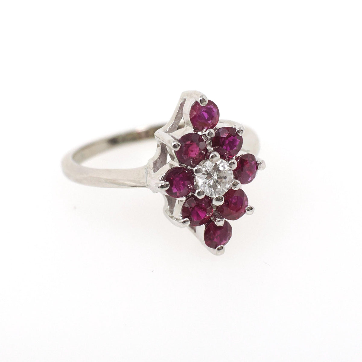 Ruby & Diamond Ring - 14k White Gold Natural Red Corundum Cluster Halo - Circa 2000s Size 5 1/4 Kite Navette Fine July Birthstone Jewelry