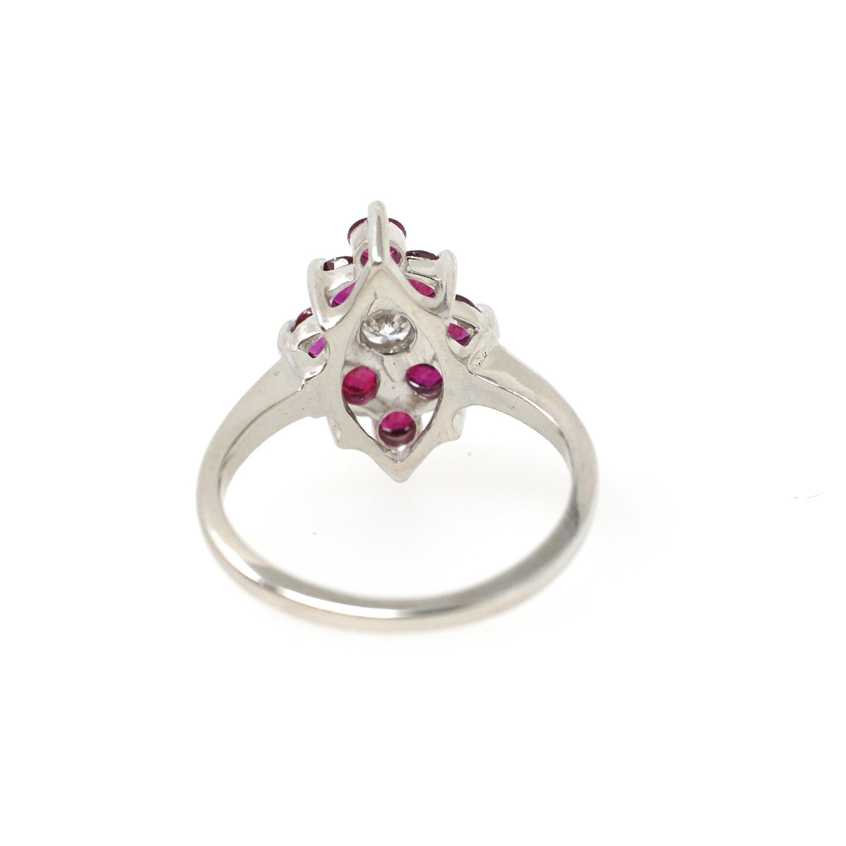 Ruby & Diamond Ring - 14k White Gold Natural Red Corundum Cluster Halo - Circa 2000s Size 5 1/4 Kite Navette Fine July Birthstone Jewelry