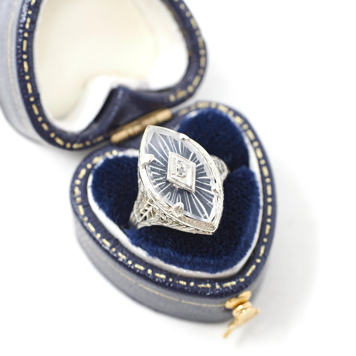 Camphor Glass Ring - Art Deco 18k White Gold Filigree Natural Diamond Statement - Vintage Circa 1930s Size 5 3/4 Marquise Fine 30s Jewelry