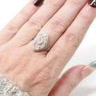 Camphor Glass Ring - Art Deco 18k White Gold Filigree Natural Diamond Statement - Vintage Circa 1930s Size 5 3/4 Marquise Fine 30s Jewelry