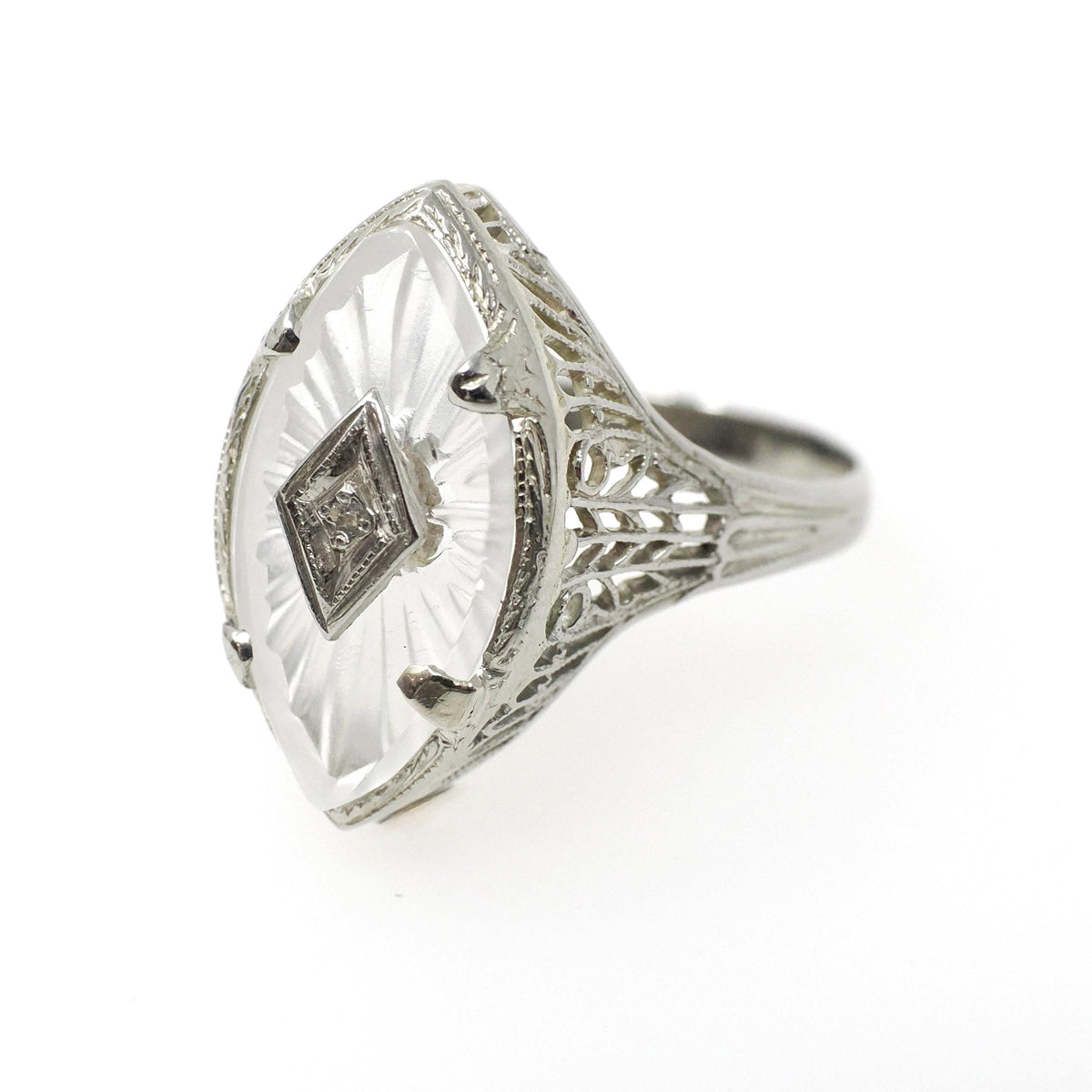 Camphor Glass Ring - Art Deco 18k White Gold Filigree Natural Diamond Statement - Vintage Circa 1930s Size 5 3/4 Marquise Fine 30s Jewelry