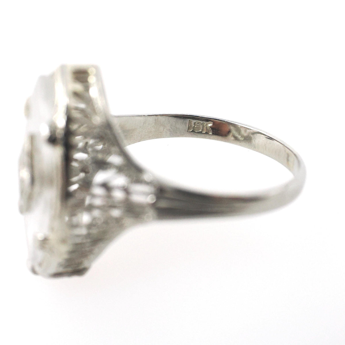 Camphor Glass Ring - Art Deco 18k White Gold Filigree Natural Diamond Statement - Vintage Circa 1930s Size 5 3/4 Marquise Fine 30s Jewelry