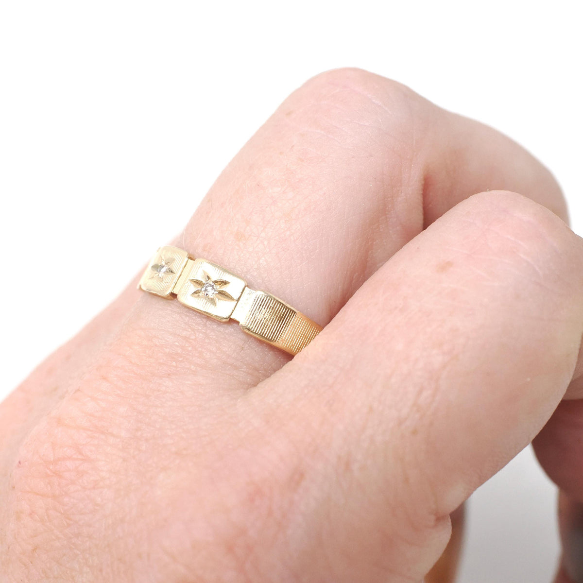 Star Diamond Band - Vintage 14k Yellow Gold .04 CTW Three Stone Celestial Ring - Circa 1960s Size 10 Modernist Bridal Wedding Fine Jewelry