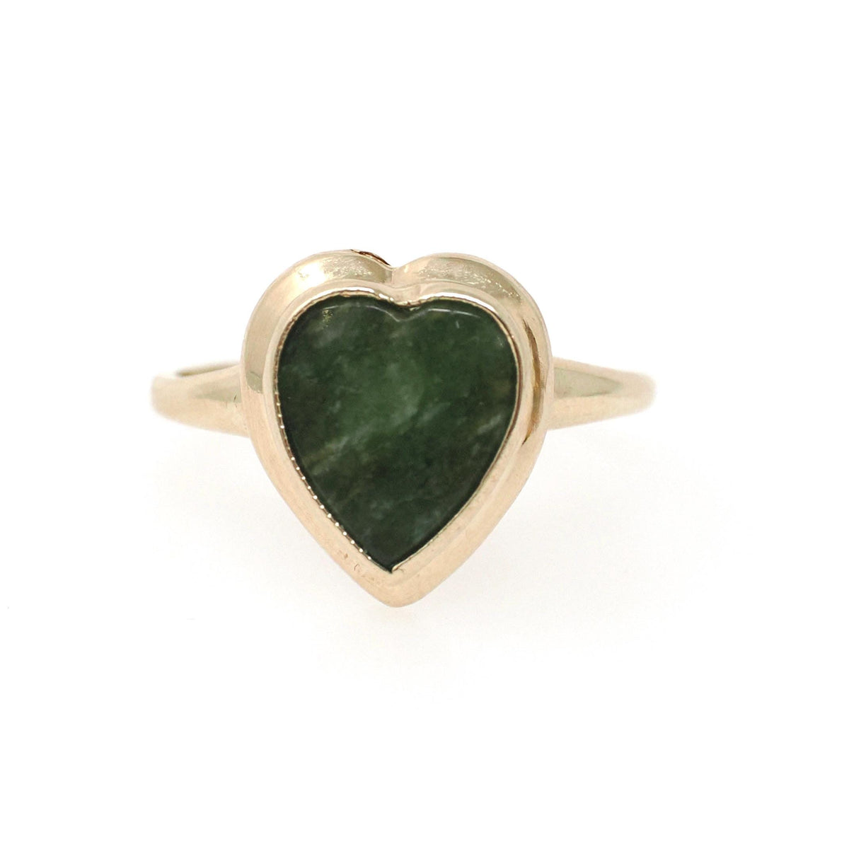 Jade Heart Ring - Mid Century 10k Yellow Gold Green Nephrite Gemstone - Vintage Circa 1960s Era Size 5 3/4 Fine Statement Sweetheart Jewelry