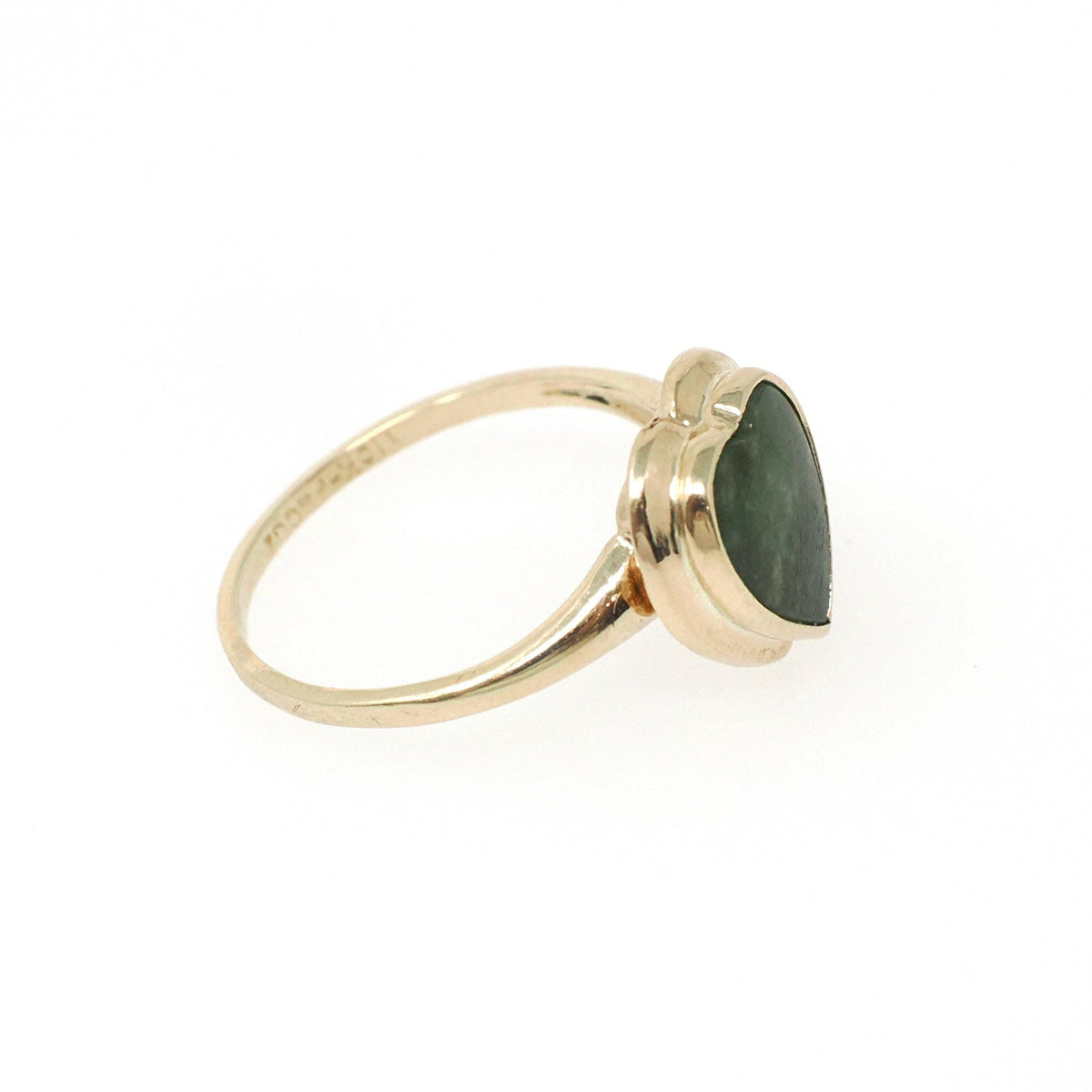 Jade Heart Ring - Mid Century 10k Yellow Gold Green Nephrite Gemstone - Vintage Circa 1960s Era Size 5 3/4 Fine Statement Sweetheart Jewelry