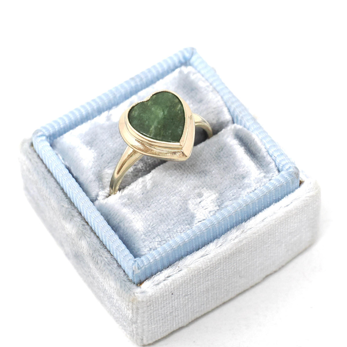Jade Heart Ring - Mid Century 10k Yellow Gold Green Nephrite Gemstone - Vintage Circa 1960s Era Size 5 3/4 Fine Statement Sweetheart Jewelry