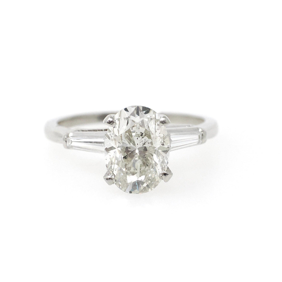 Vintage Engagement Ring - Mid Century Platinum Natural 2.24 CTW Oval & Baguette Diamonds - Circa 1960s Size 6.25 Fine Bridal Wedding Jewelry