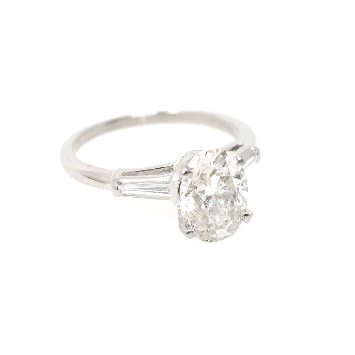 Vintage Engagement Ring - Mid Century Platinum Natural 2.24 CTW Oval & Baguette Diamonds - Circa 1960s Size 6.25 Fine Bridal Wedding Jewelry