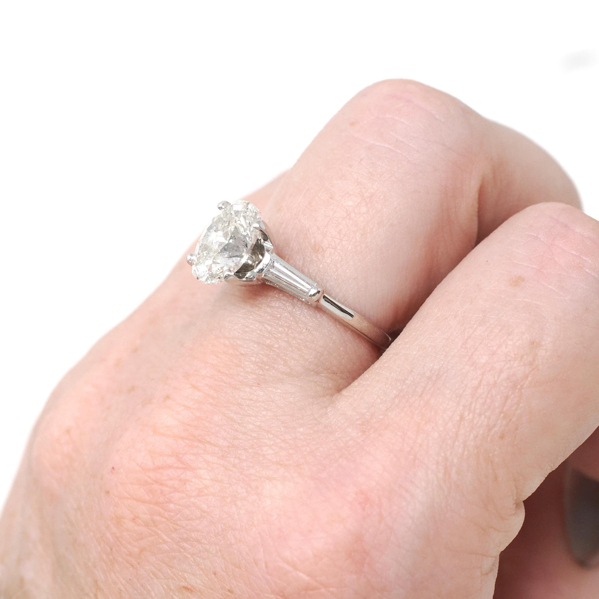 Vintage Engagement Ring - Mid Century Platinum Natural 2.24 CTW Oval & Baguette Diamonds - Circa 1960s Size 6.25 Fine Bridal Wedding Jewelry