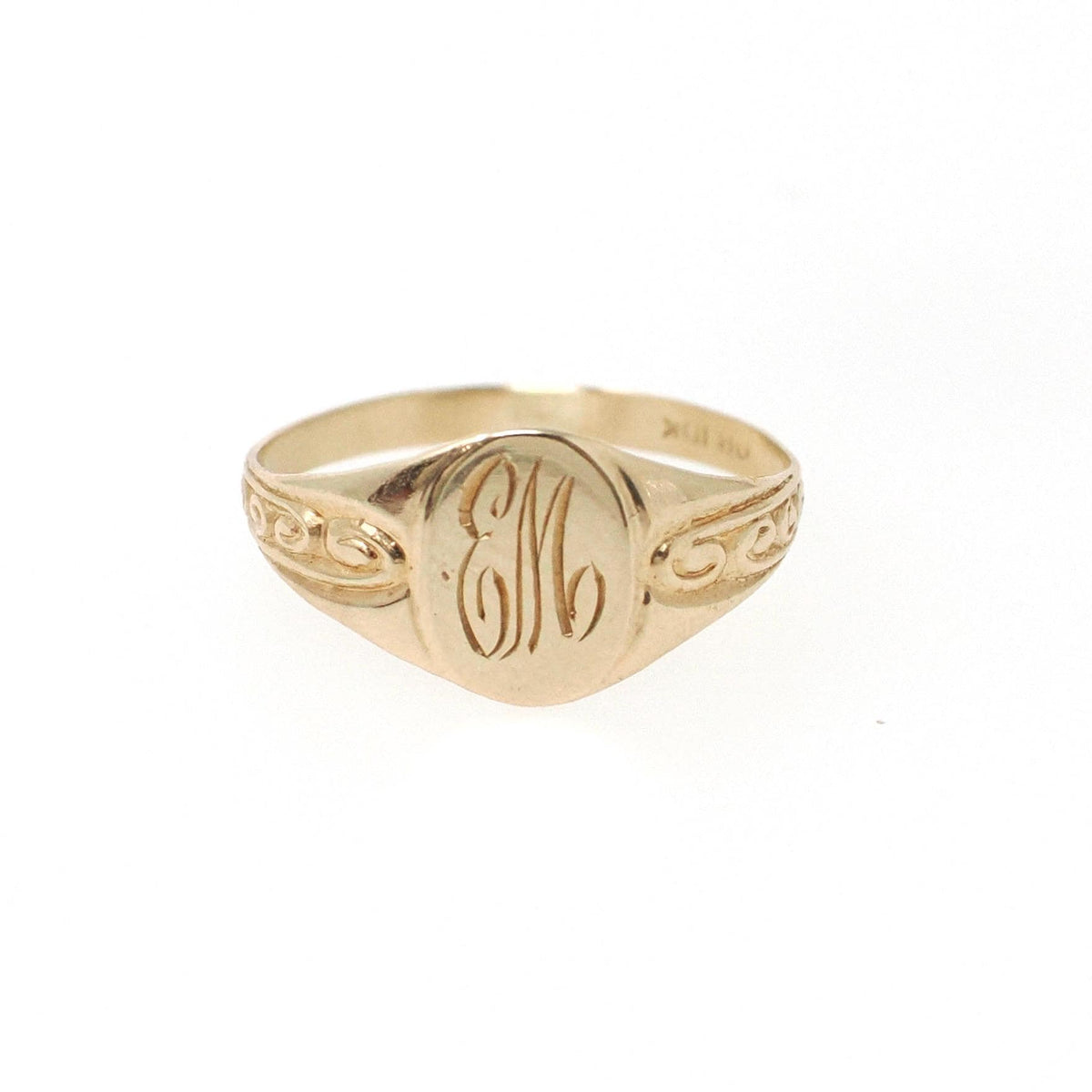 Letters "EM" Ring - Retro 10k Yellow Gold Engraved Cursive Initials - Vintage Circa 1940s Era Size 1 3/4 Pinky Midi Fine OB Baby Jewelry
