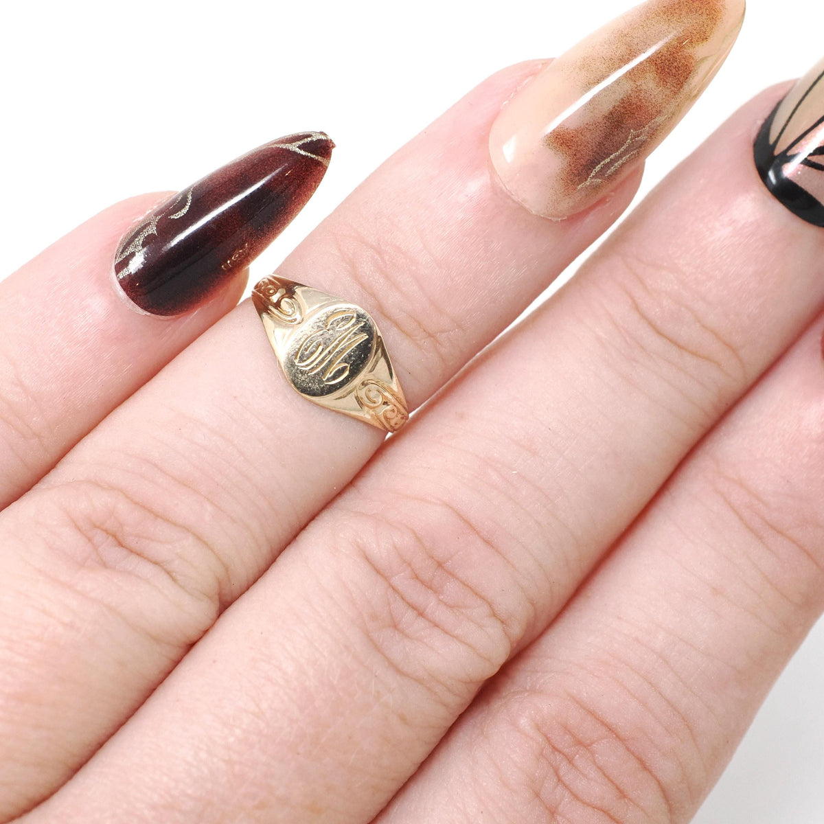 Letters "EM" Ring - Retro 10k Yellow Gold Engraved Cursive Initials - Vintage Circa 1940s Era Size 1 3/4 Pinky Midi Fine OB Baby Jewelry