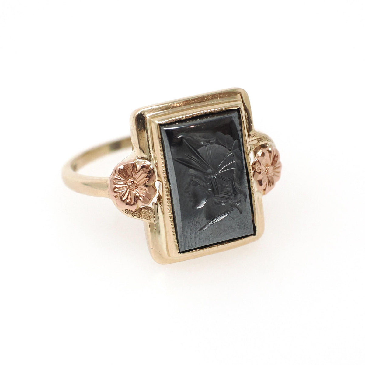 Hematite Intaglio Ring - Retro 10k Yellow & Rose Gold Carved Gray Roman Centurion Gem - Circa 1940s Size 7 1/2 Flower Fine Statement Jewelry