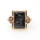 Hematite Intaglio Ring - Retro 10k Yellow & Rose Gold Carved Gray Roman Centurion Gem - Circa 1940s Size 7 1/2 Flower Fine Statement Jewelry
