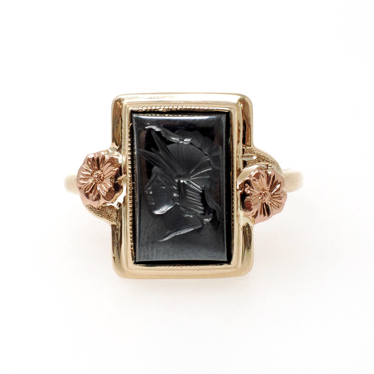 Hematite Intaglio Ring - Retro 10k Yellow & Rose Gold Carved Gray Roman Centurion Gem - Circa 1940s Size 7 1/2 Flower Fine Statement Jewelry