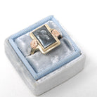 Hematite Intaglio Ring - Retro 10k Yellow & Rose Gold Carved Gray Roman Centurion Gem - Circa 1940s Size 7 1/2 Flower Fine Statement Jewelry