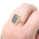 Hematite Intaglio Ring - Retro 10k Yellow & Rose Gold Carved Gray Roman Centurion Gem - Circa 1940s Size 7 1/2 Flower Fine Statement Jewelry