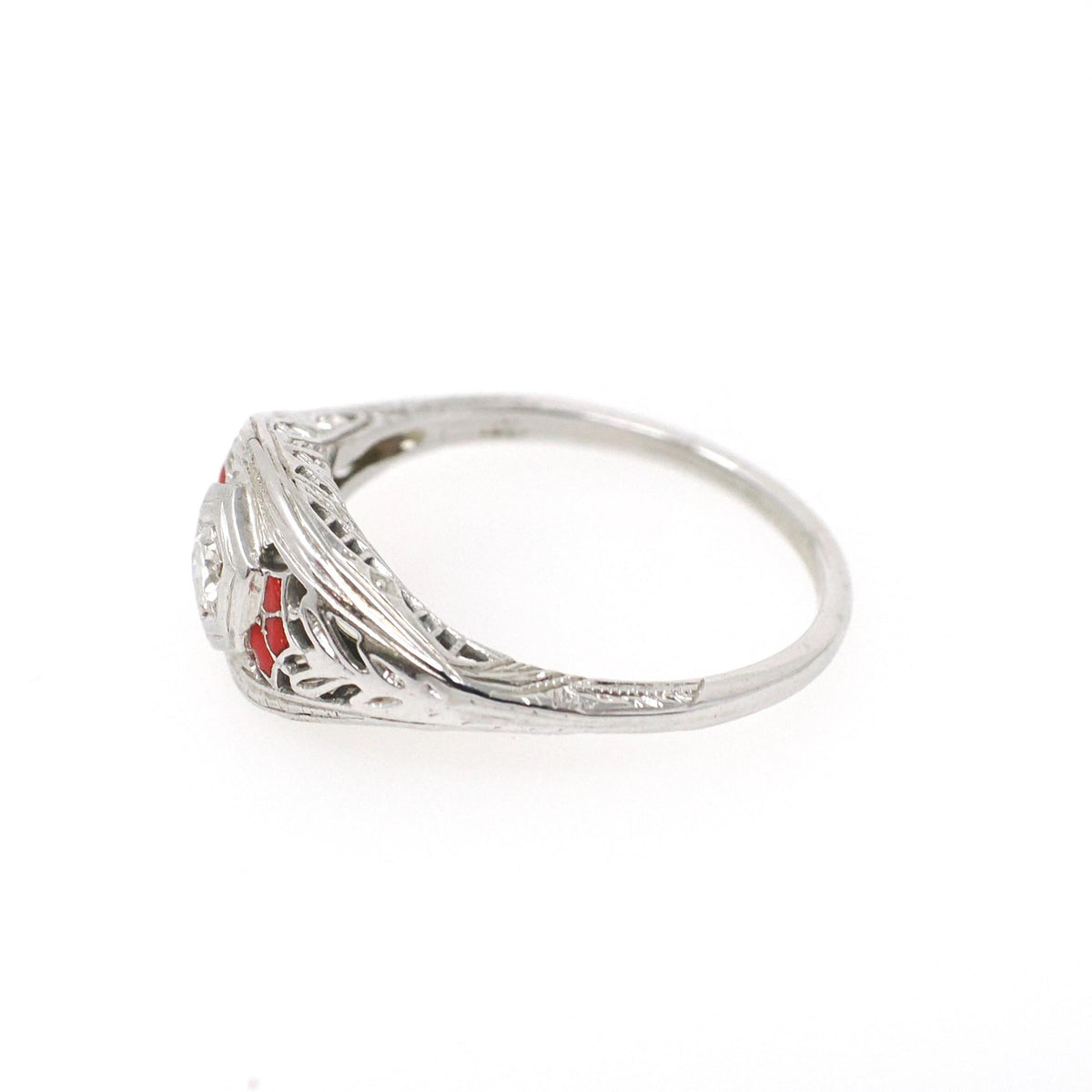 Deco Engagement Ring - Antique 14k White Gold Hexagonal .07CT Diamond Filigree Solitaire - Circa 1920s Size 5 1/4 Fine Enamel Detail Jewelry