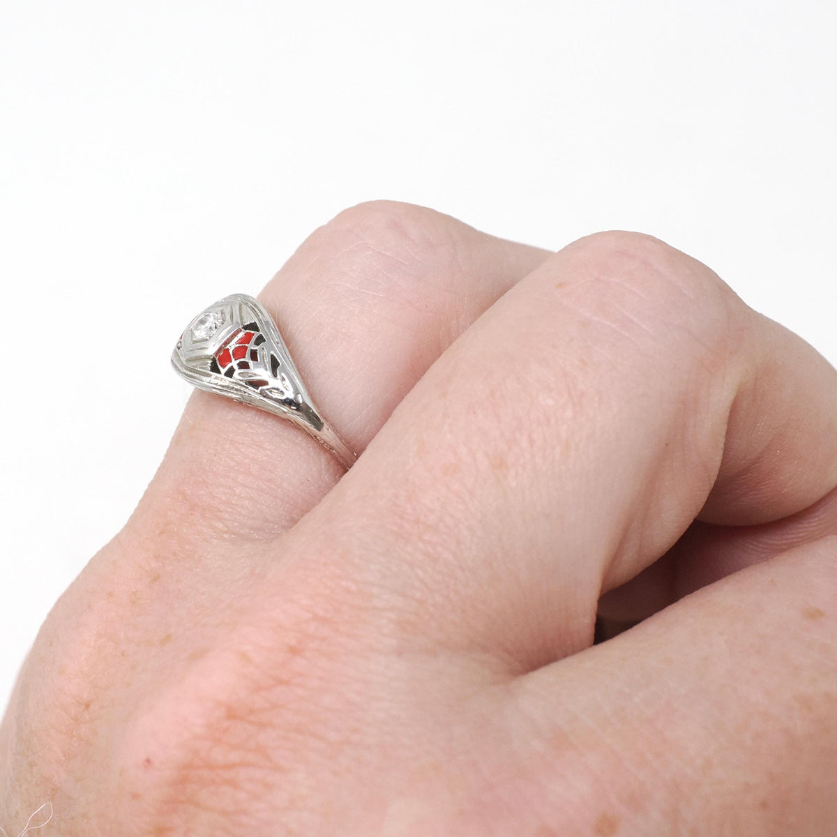 Deco Engagement Ring - Antique 14k White Gold Hexagonal .07CT Diamond Filigree Solitaire - Circa 1920s Size 5 1/4 Fine Enamel Detail Jewelry