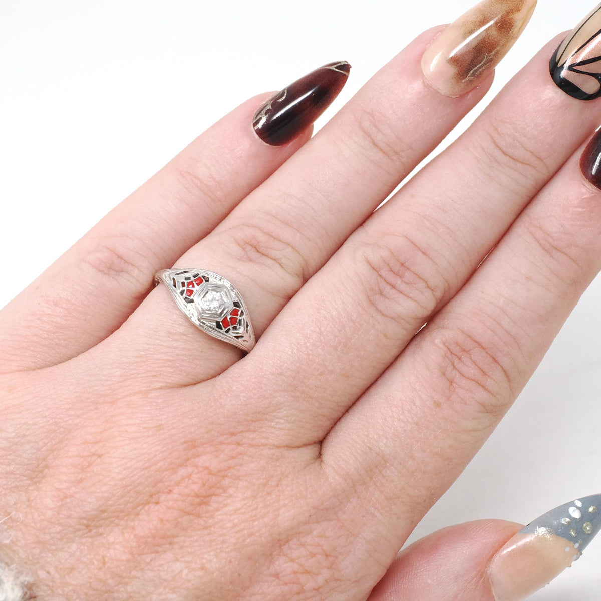 Deco Engagement Ring - Antique 14k White Gold Hexagonal .07CT Diamond Filigree Solitaire - Circa 1920s Size 5 1/4 Fine Enamel Detail Jewelry