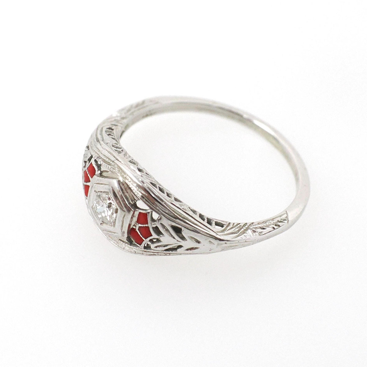 Deco Engagement Ring - Antique 14k White Gold Hexagonal .07CT Diamond Filigree Solitaire - Circa 1920s Size 5 1/4 Fine Enamel Detail Jewelry