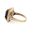 Tiger's Eye Ring - Retro 10k Yellow Gold Natural Carved Warrior Brown Gemstone - Vintage Circa 1940s Era Size 5 1/2 Statement Fine Jewelry