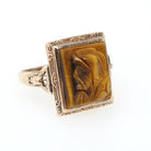 Tiger's Eye Ring - Retro 10k Yellow Gold Natural Carved Warrior Brown Gemstone - Vintage Circa 1940s Era Size 5 1/2 Statement Fine Jewelry