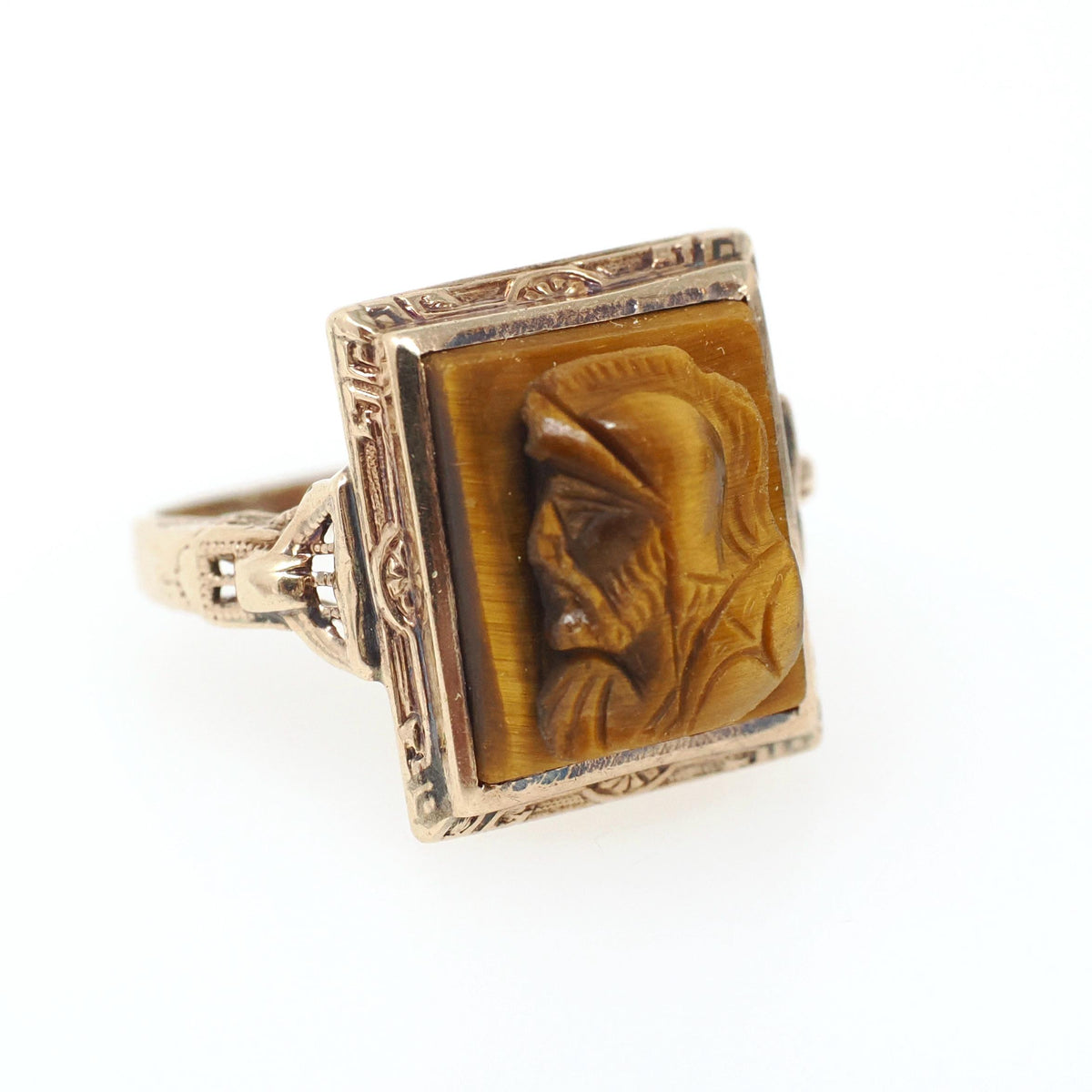 Tiger's Eye Ring - Retro 10k Yellow Gold Natural Carved Warrior Brown Gemstone - Vintage Circa 1940s Era Size 5 1/2 Statement Fine Jewelry