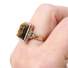 Tiger's Eye Ring - Retro 10k Yellow Gold Natural Carved Warrior Brown Gemstone - Vintage Circa 1940s Era Size 5 1/2 Statement Fine Jewelry