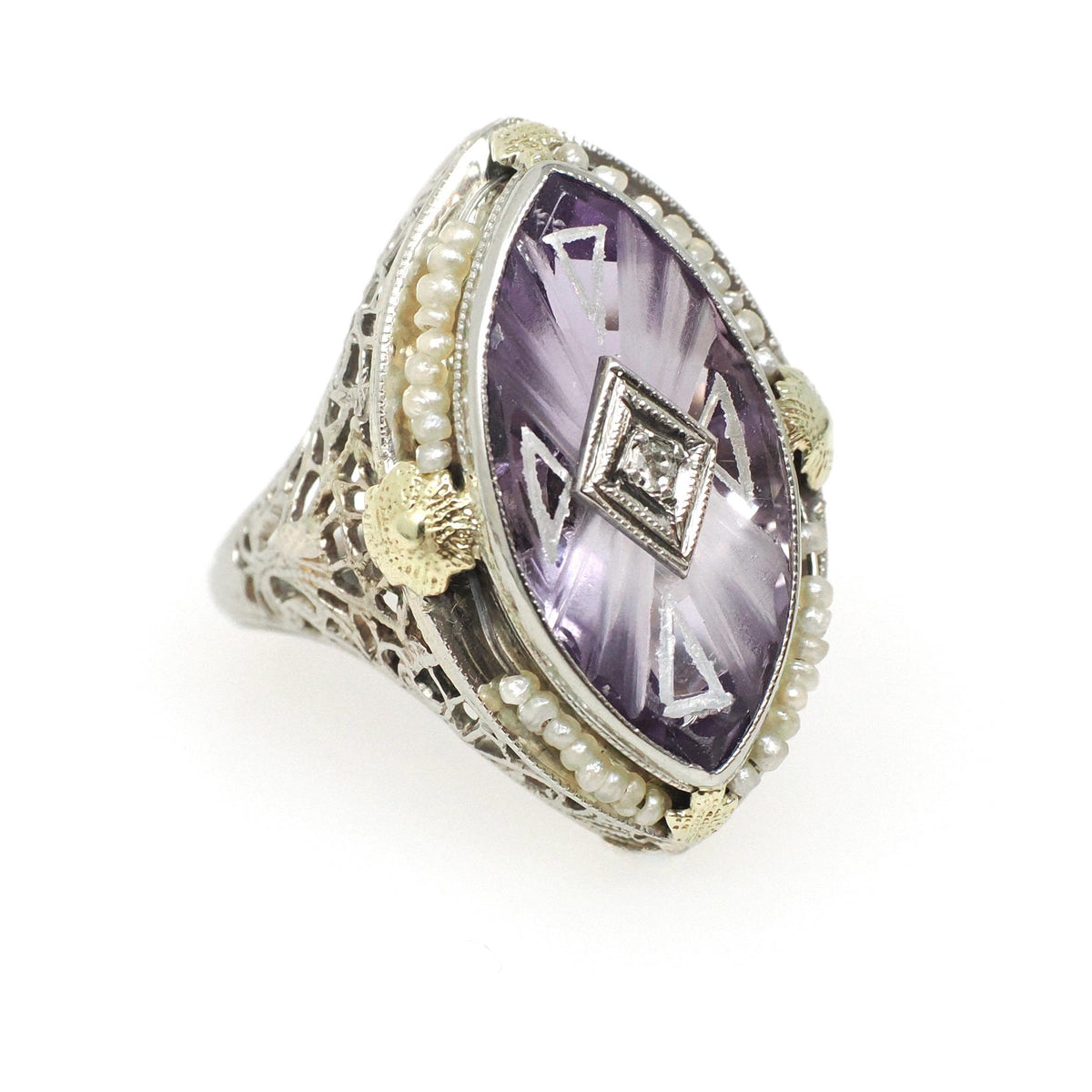 Amethyst Filigree Ring - Vintage Art Deco 14k White Gold Carved Purple Gem Navette Shield - Circa 1930s Size 5 Pearl Diamond Fine Jewelry