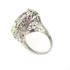 Amethyst Filigree Ring - Vintage Art Deco 14k White Gold Carved Purple Gem Navette Shield - Circa 1930s Size 5 Pearl Diamond Fine Jewelry