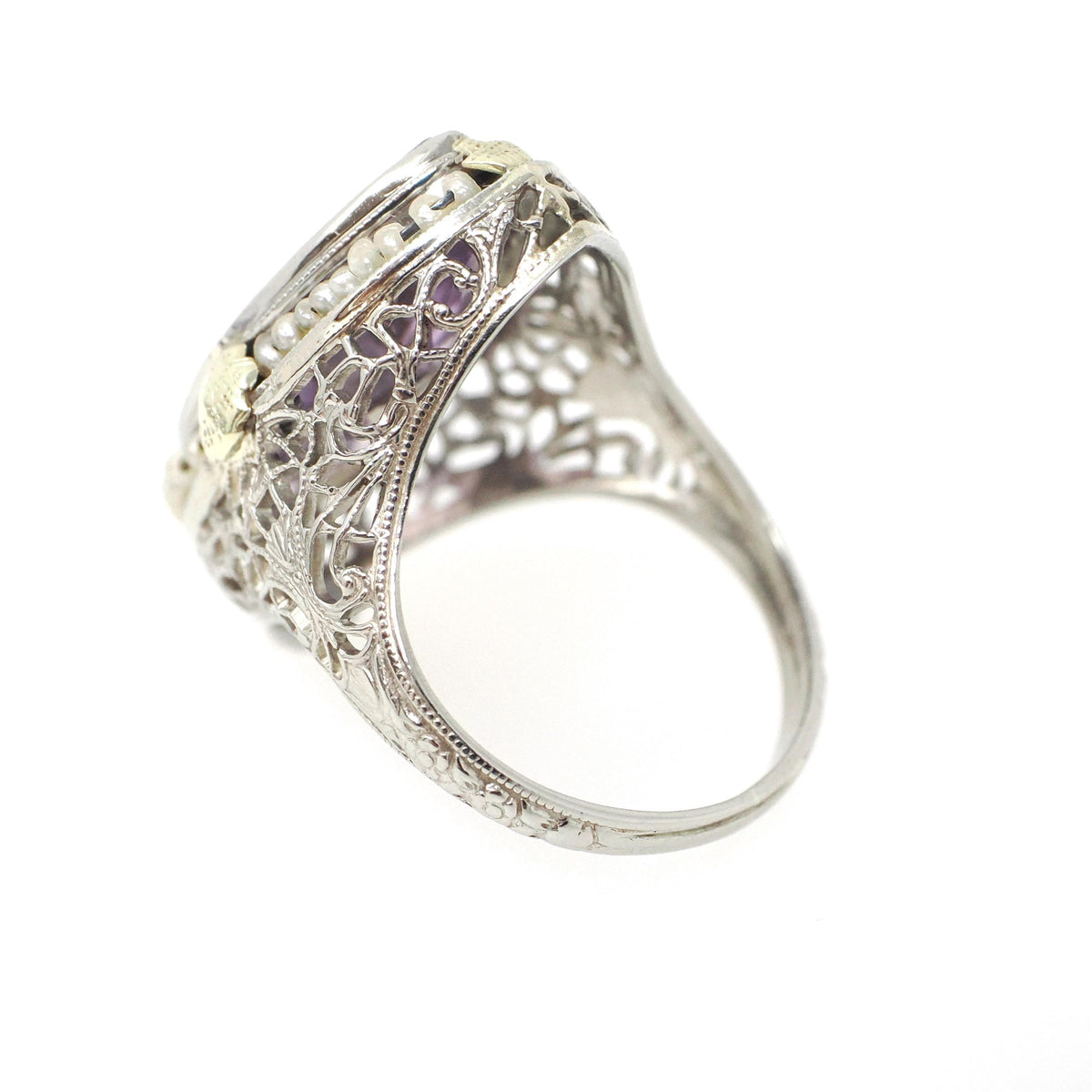 Amethyst Filigree Ring - Vintage Art Deco 14k White Gold Carved Purple Gem Navette Shield - Circa 1930s Size 5 Pearl Diamond Fine Jewelry