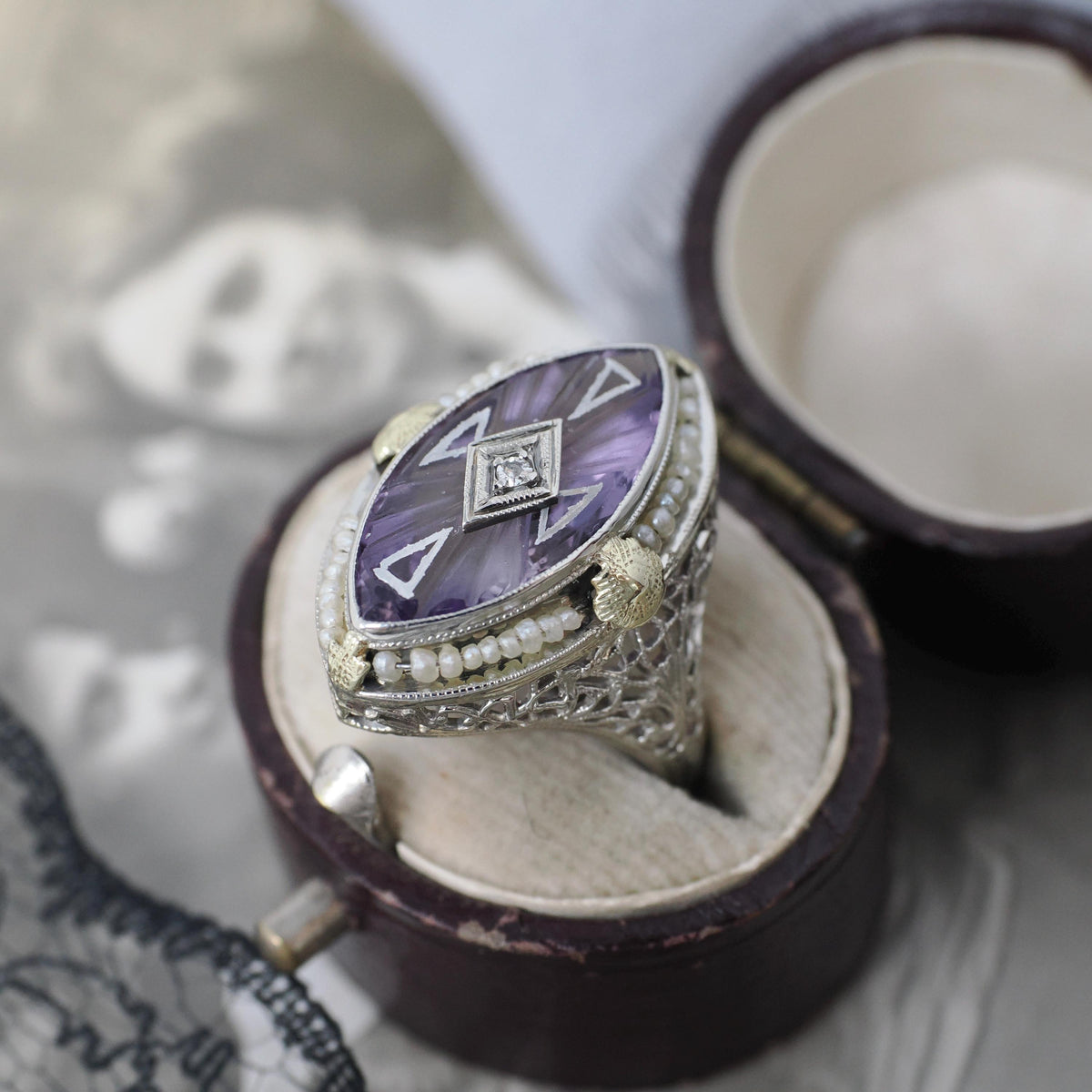 Amethyst Filigree Ring - Vintage Art Deco 14k White Gold Carved Purple Gem Navette Shield - Circa 1930s Size 5 Pearl Diamond Fine Jewelry