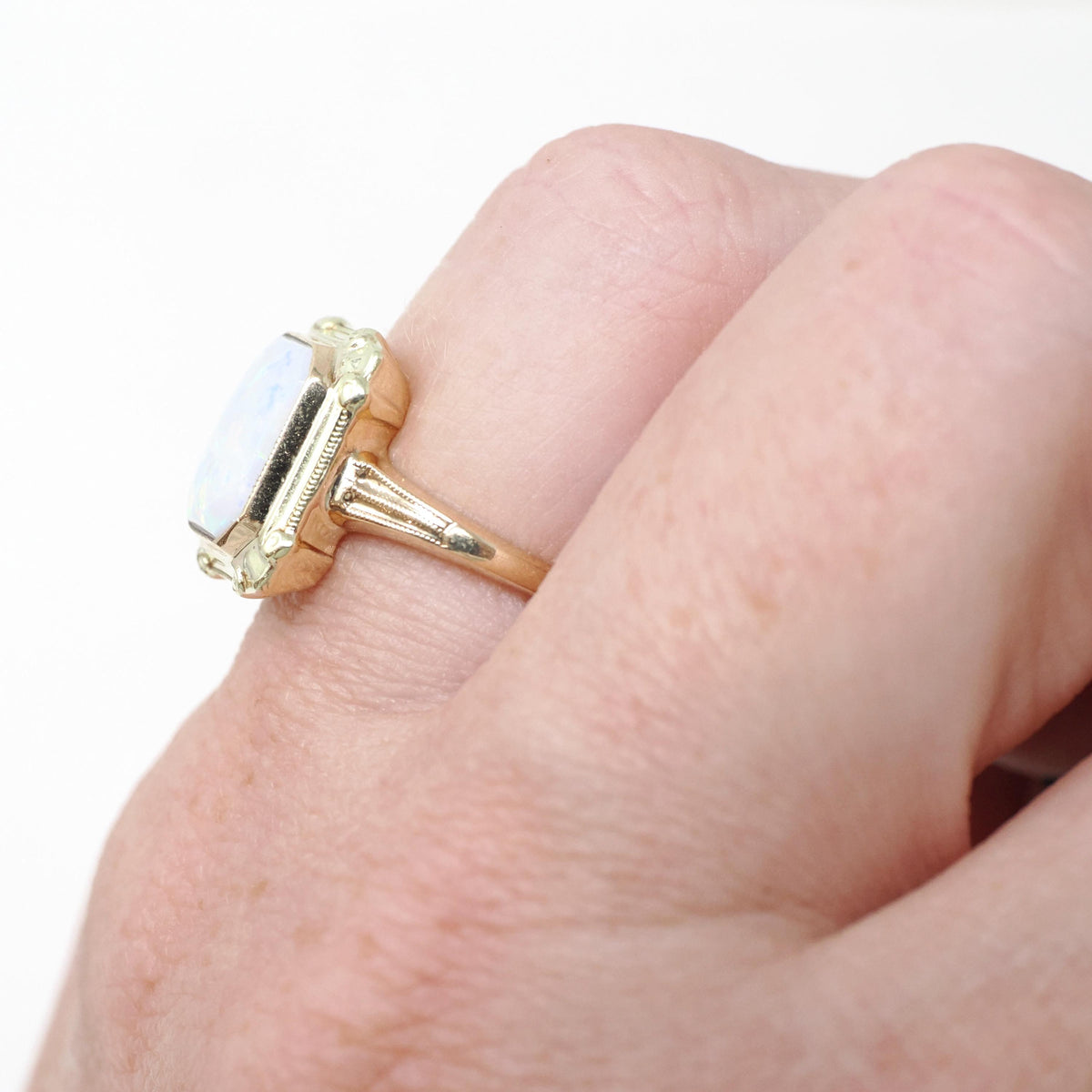 Vintage Opal Ring - Mid Century 10k Yellow Gold Natural Cabochon Gemstone Solitaire - Circa 1960s Era Size 5 October Birthstone Fine Jewelry