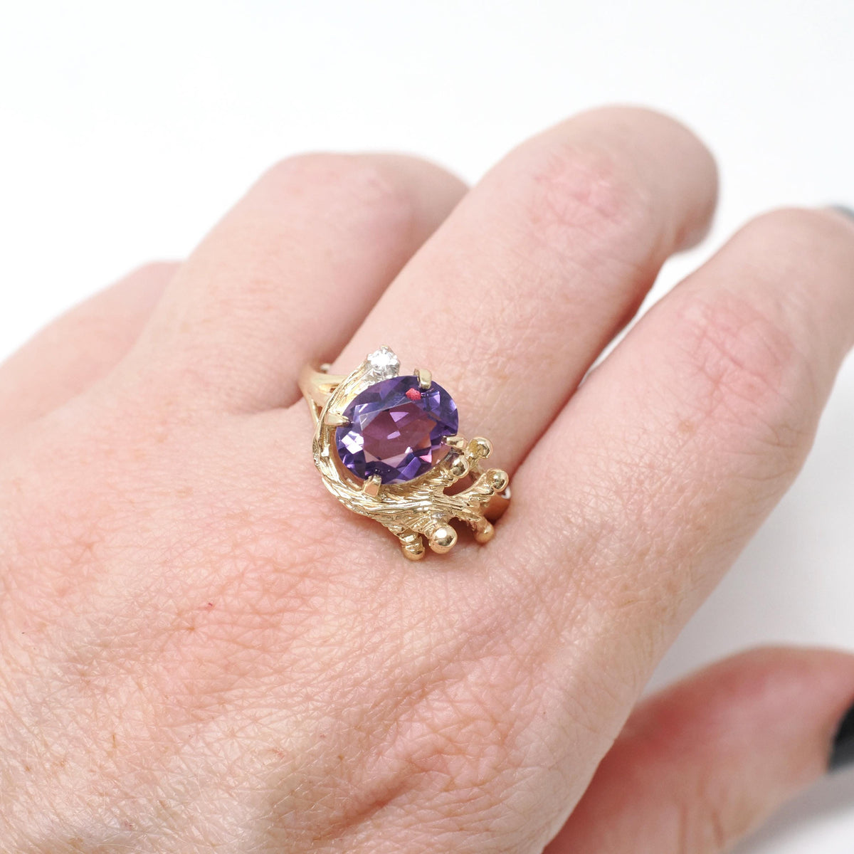 Vintage Amethyst Ring - Modernist 14k Yellow Gold Natural Purple 2.50 CT & Diamond - Circa 1970s Size 9 Nature Inspired Branch Fine Jewelry