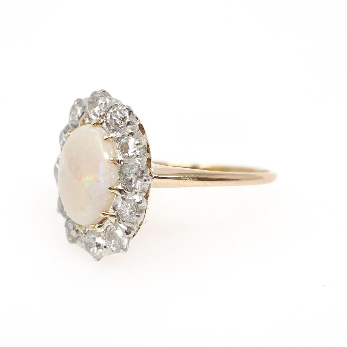Opal & Diamond Halo Ring - Antique 14k Yellow Gold Platinum Cabochon Cut 1.27 CT Gem - Circa 1900s Size 7 1/2 Old European Cut Fine Jewelry