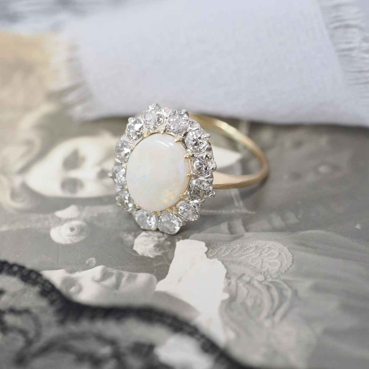 Opal & Diamond Halo Ring - Antique 14k Yellow Gold Platinum Cabochon Cut 1.27 CT Gem - Circa 1900s Size 7 1/2 Old European Cut Fine Jewelry
